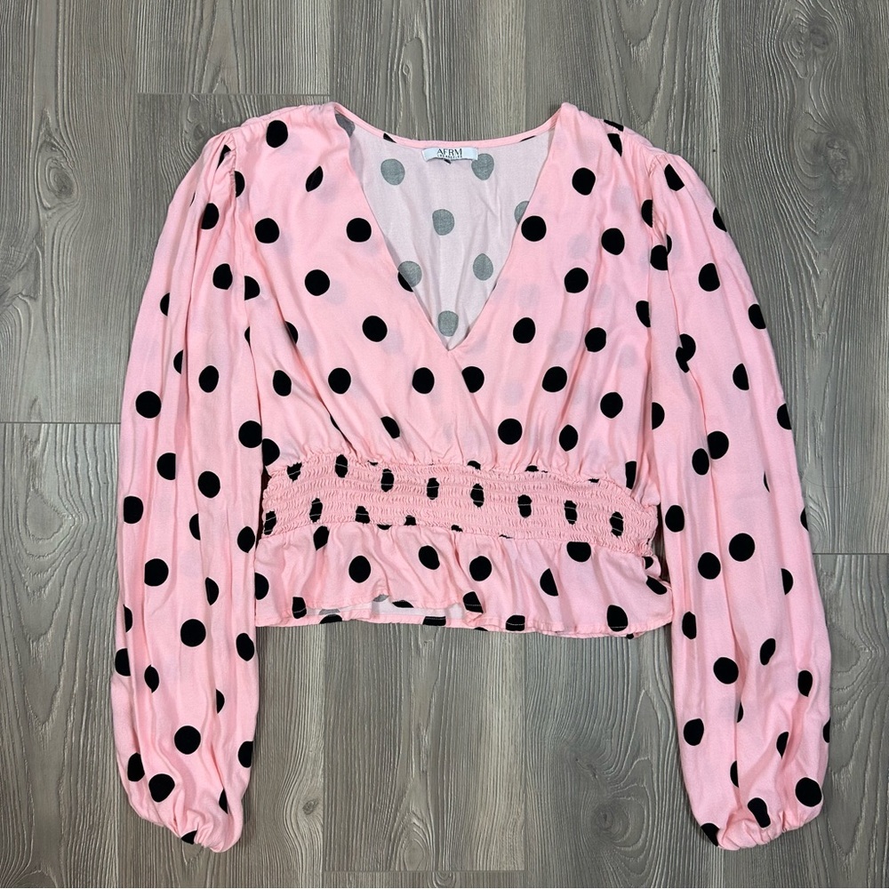 AFRM Pink Black Polka Dot Long Sleeve Peasant Top Ruched Waist Size L (Est.)